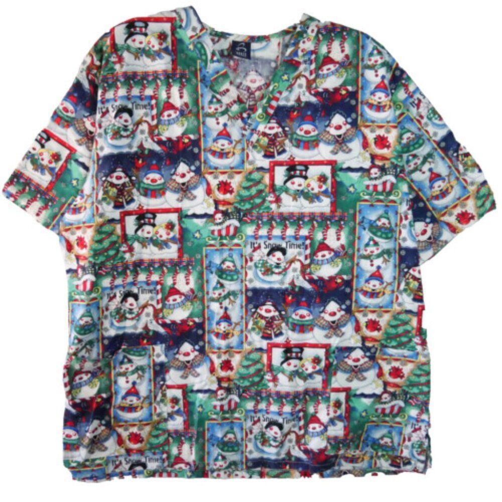 Barco Uniforms Size XL "It's Snow Time" Scrub Christmas Themed Print V neck